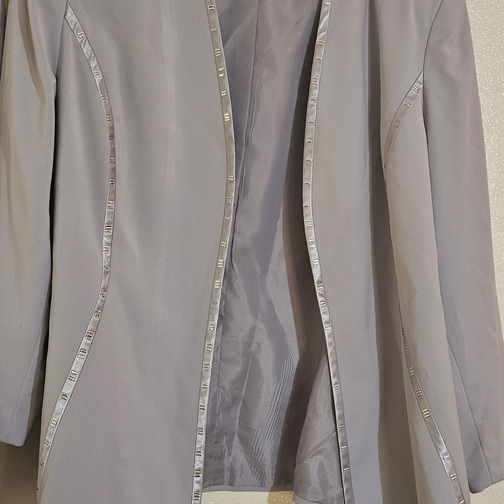 Women's Light Gray Open-Front Skirt Set Jacket with Ribbon Trim